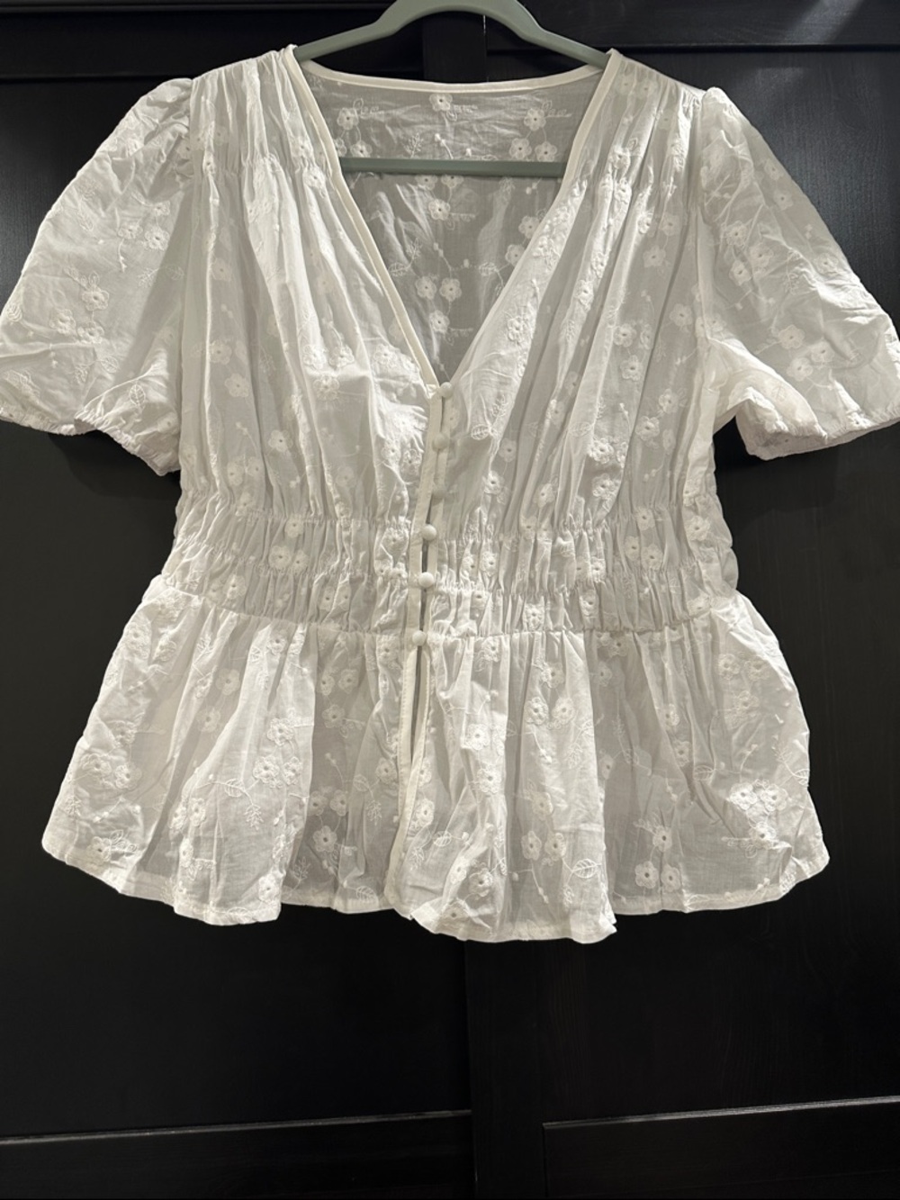 SHEIN CURVY White Eyelet Peplum V-Neck Blouse